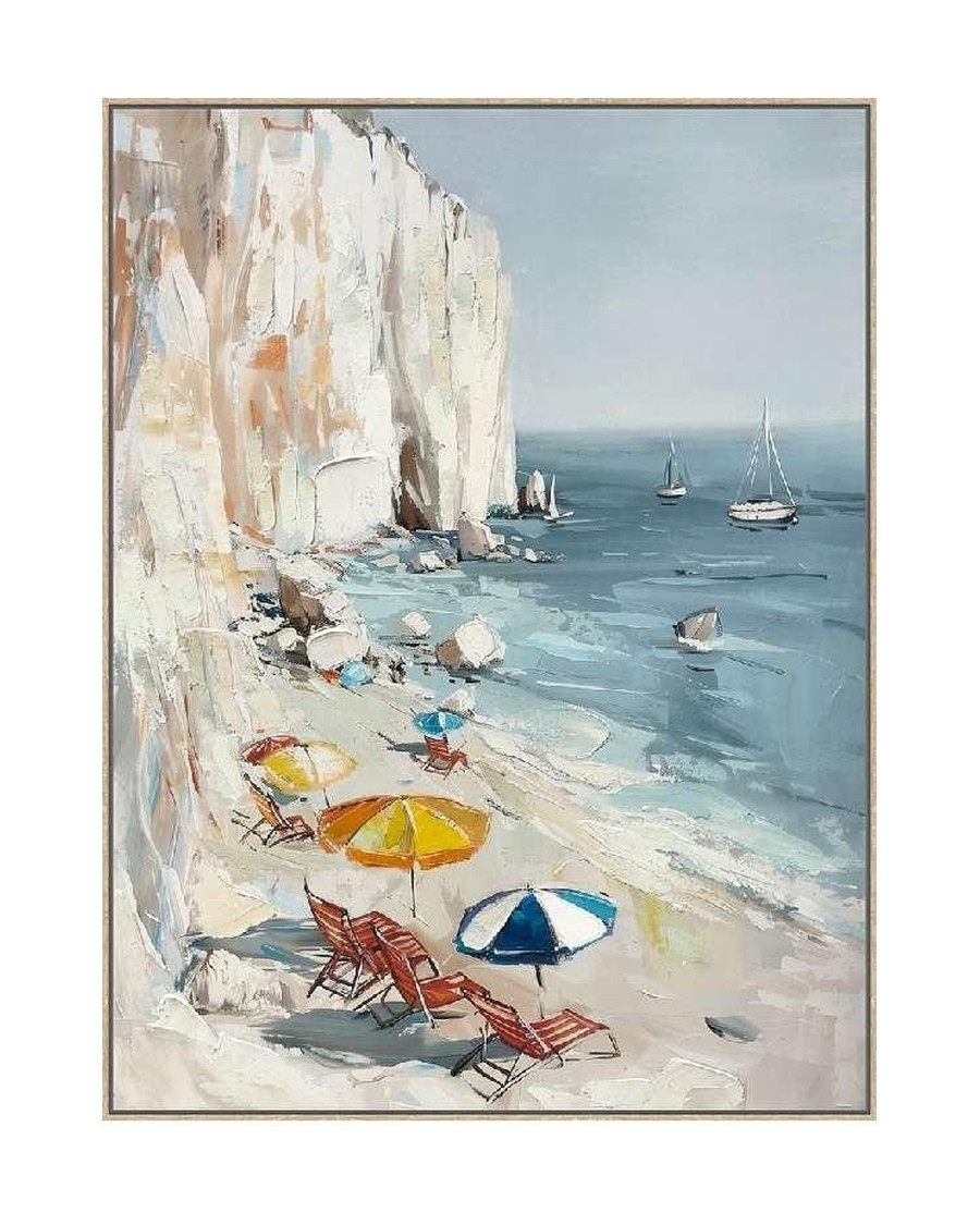 Azure Afternoon — white-cliff beach scene with striped umbrellas, hand-painted