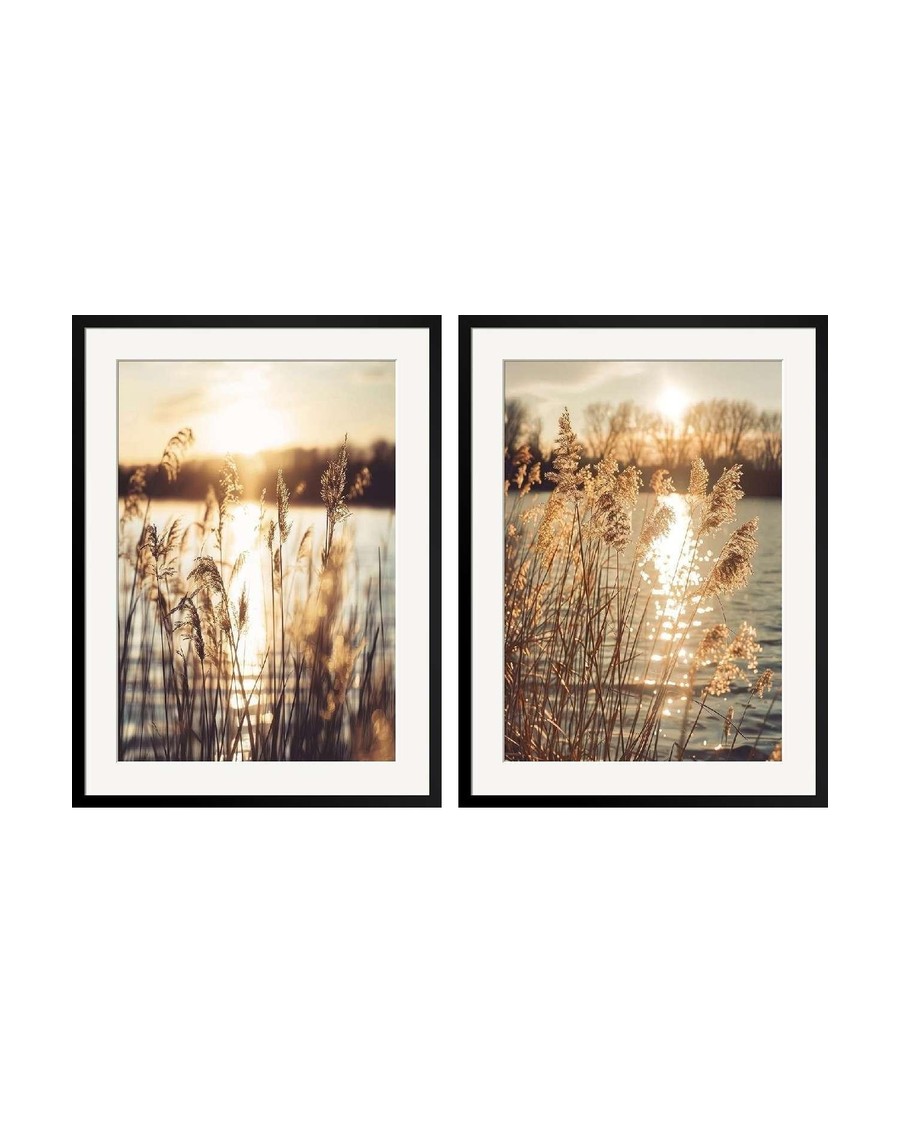 Golden Reeds Duo — wild golden reeds pair, textured palette-knife work