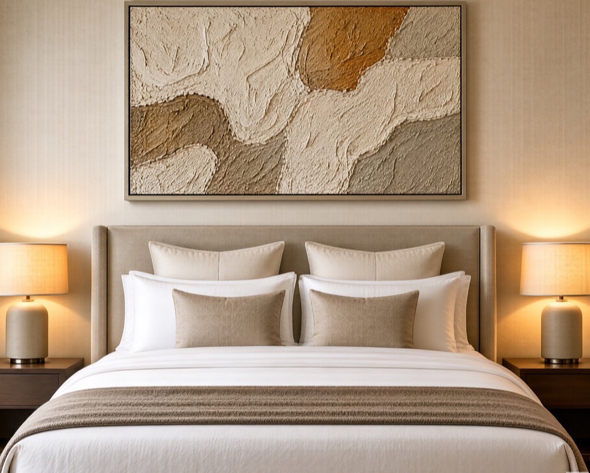 Hotel guest room with a textured artwork above the bed