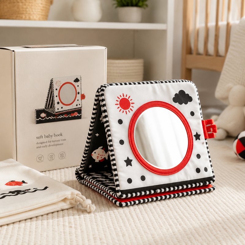 Self-Standing High Contrast Tummy Time Cloth Book gift-ready packaging and details