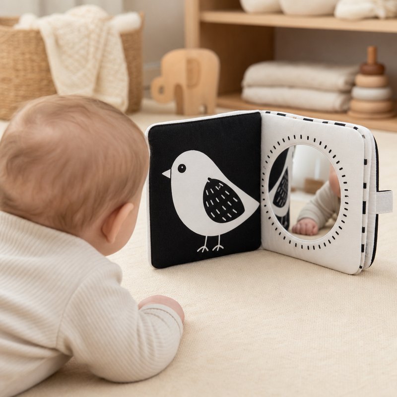 Large Clear Mirror Tummy Time Cloth Book in use — baby playing with cloth book