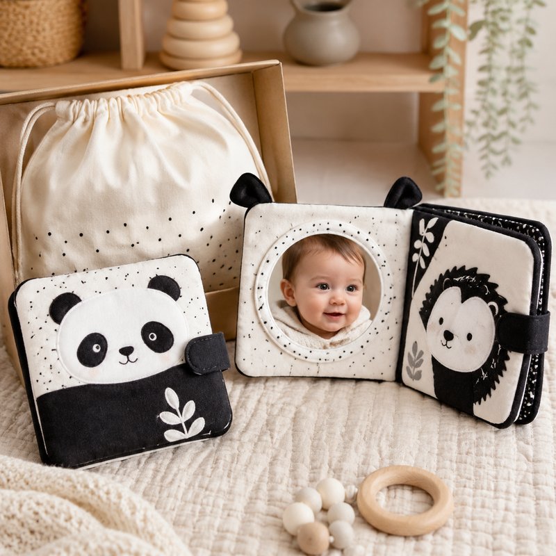 Large Clear Mirror Tummy Time Cloth Book gift-ready packaging and details