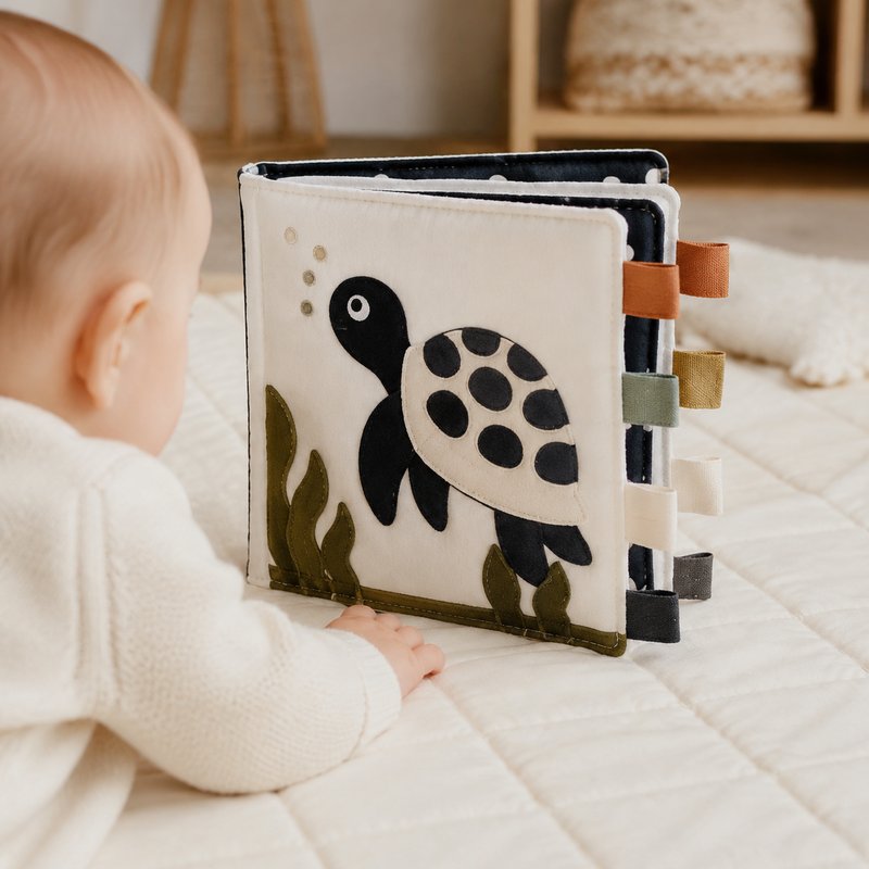Safe Tag Sensory Cloth Book in use — baby playing with cloth book