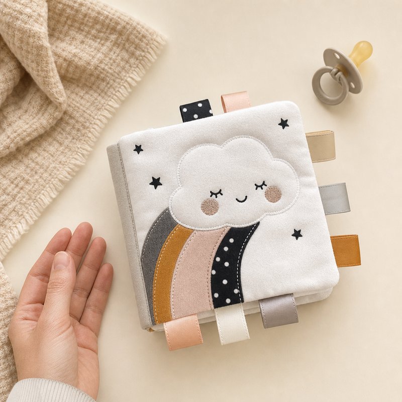 Safe Tag Sensory Cloth Book size comparison with baby hands