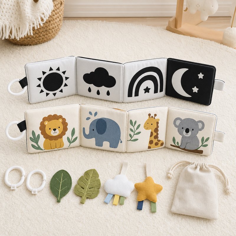 Black-to-Color Dual Stage Cloth Book in use — baby playing with cloth book