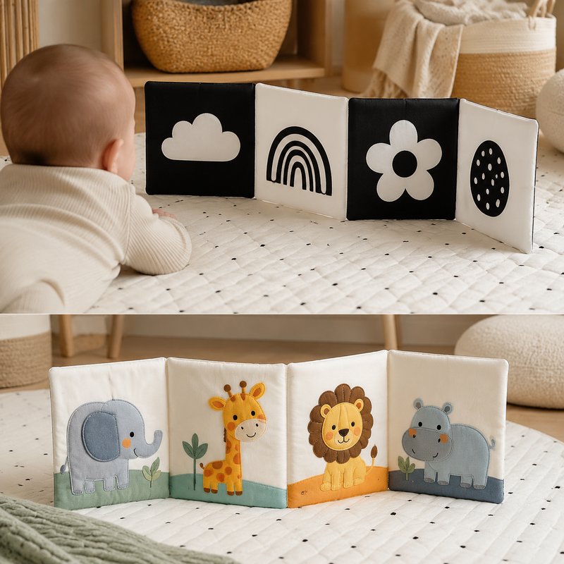 Black-to-Color Dual Stage Cloth Book size comparison with baby hands