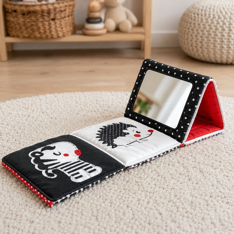 Tummy Time Mirror Mat Book fabric texture and stitching details
