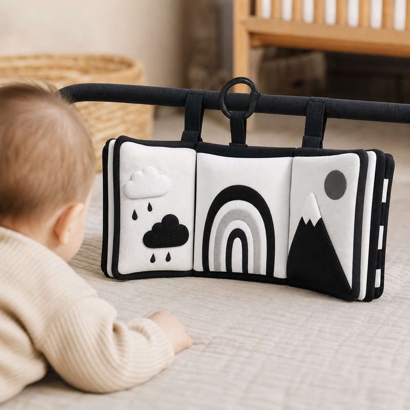 Stroller & Car Seat Clip-On Cloth Book in use — baby playing with cloth book