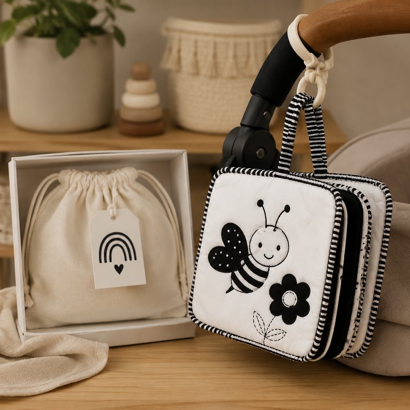 Stroller & Car Seat Clip-On Cloth Book gift-ready packaging and details