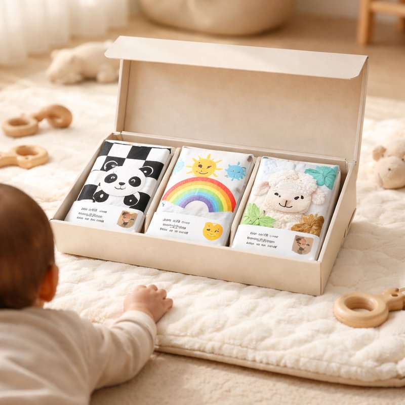 Newborn 3-Book Stage Gift Box in use — baby playing with cloth book