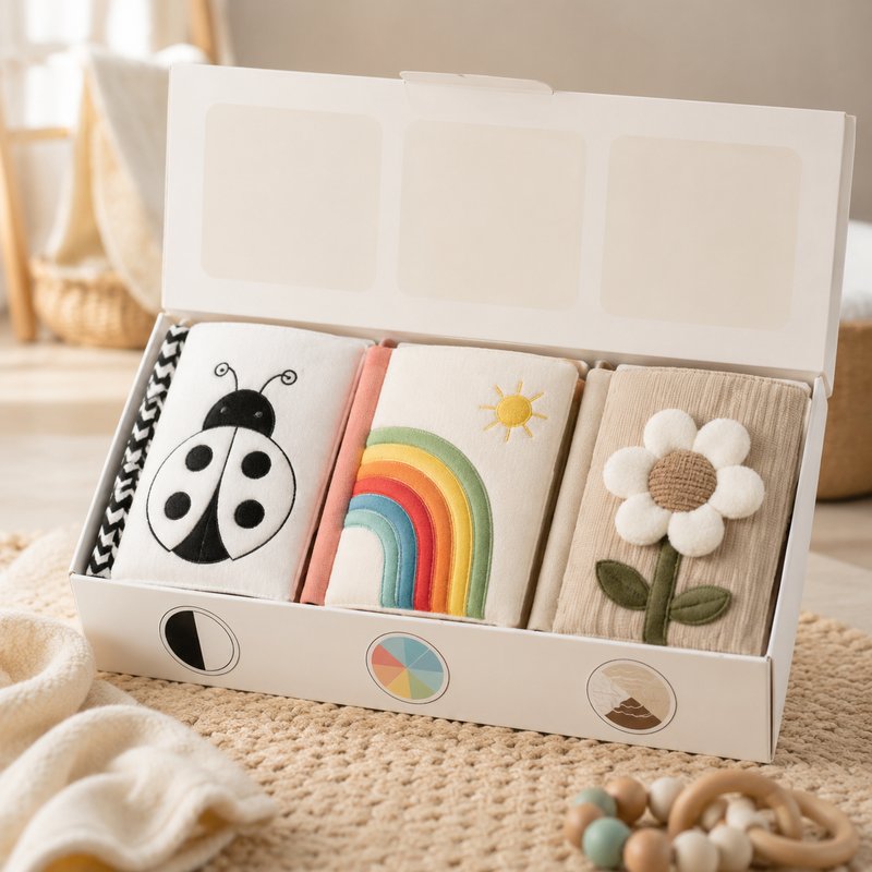 Newborn 3-Book Stage Gift Box close-up — key improvement details