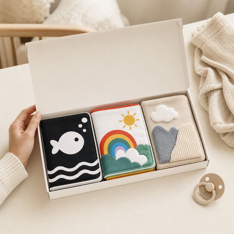 Newborn 3-Book Stage Gift Box size comparison with baby hands