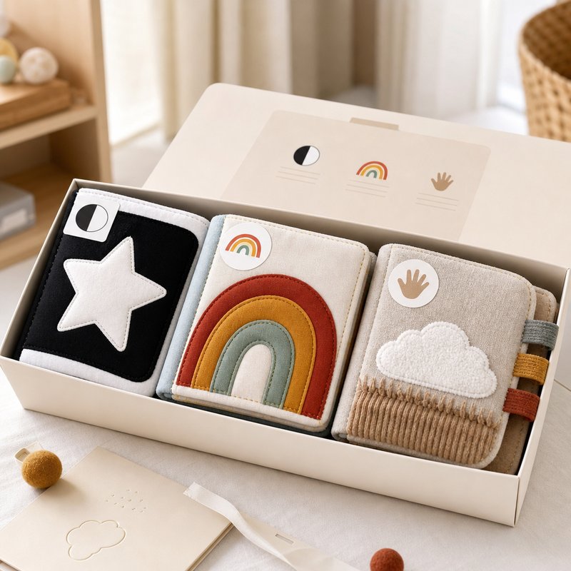 Newborn 3-Book Stage Gift Box fabric texture and stitching details