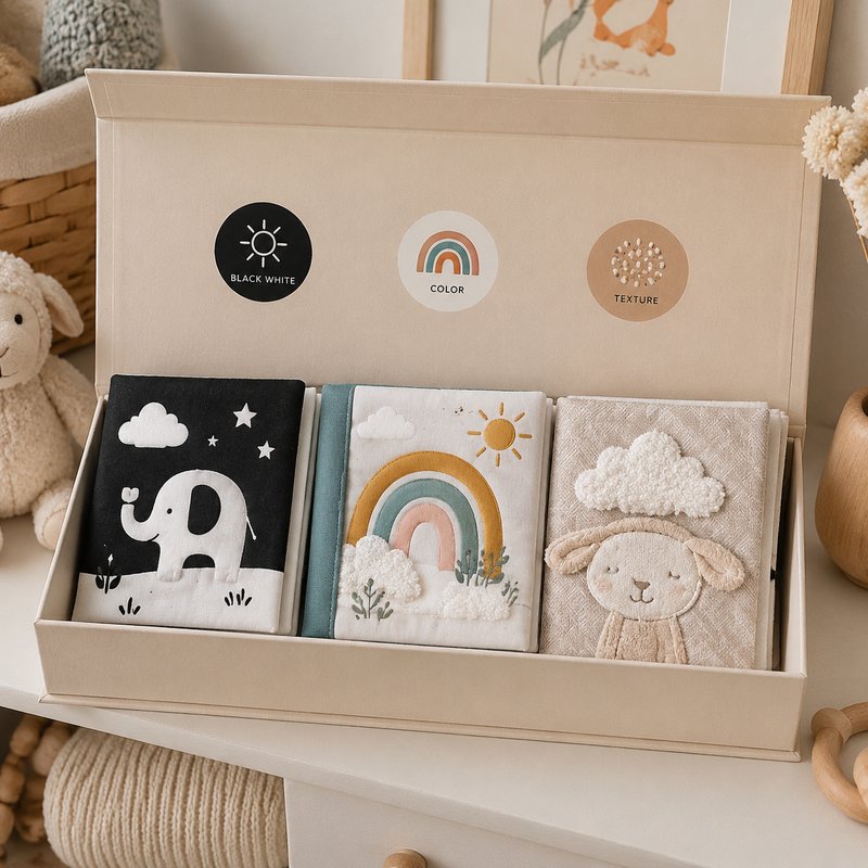 Newborn 3-Book Stage Gift Box gift-ready packaging and details