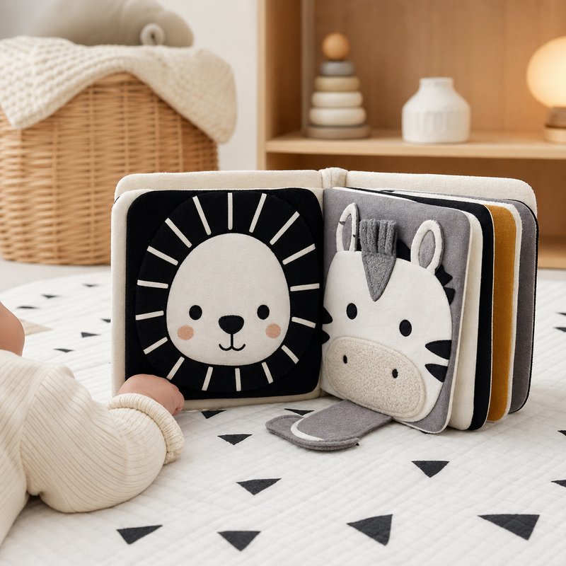 Peekaboo Animal Faces Cloth Book in use — baby playing with cloth book