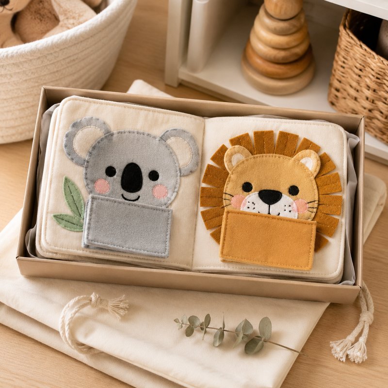 Peekaboo Animal Faces Cloth Book gift-ready packaging and details