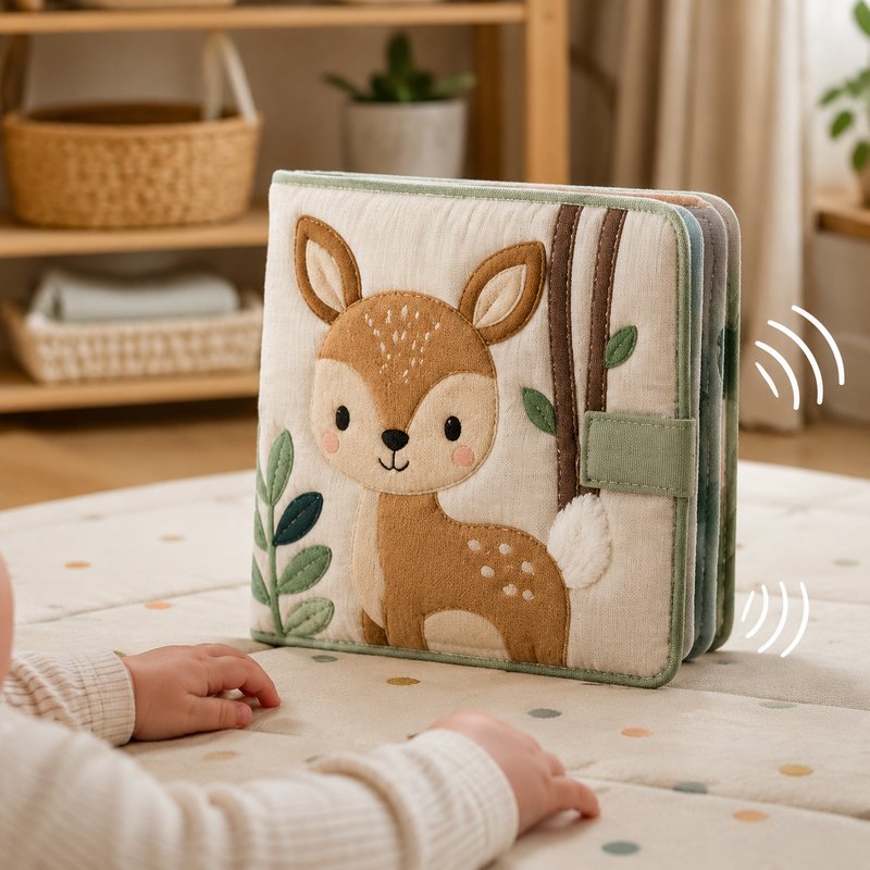 Soft Crinkle Sound Cloth Book in use — baby playing with cloth book