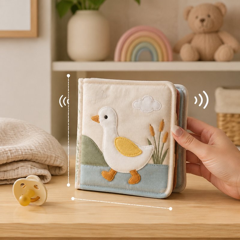 Soft Crinkle Sound Cloth Book size comparison with baby hands