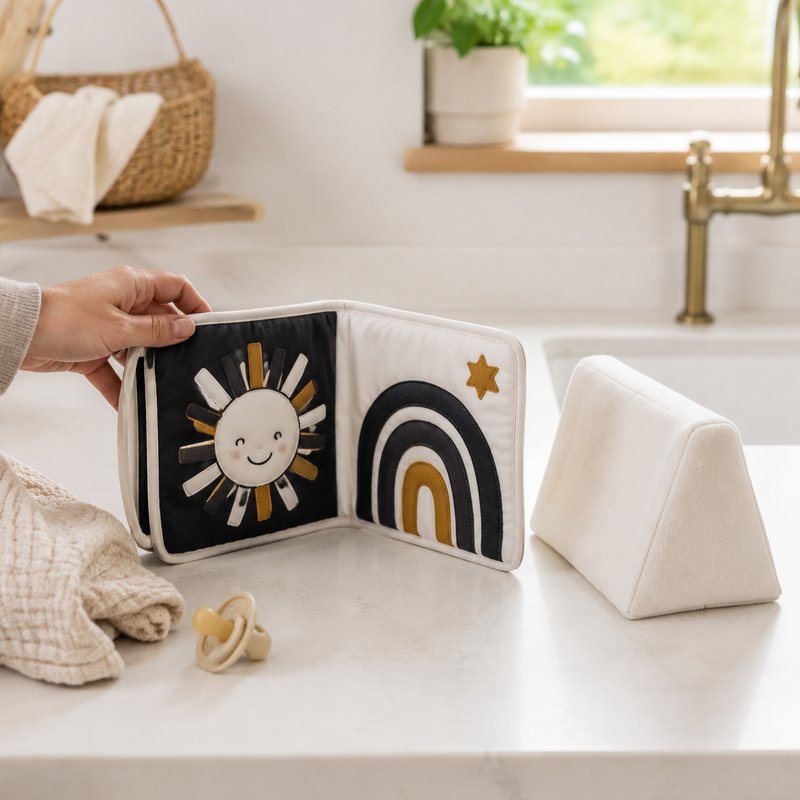 Washable Tummy Time Book with Removable Insert size comparison with baby hands