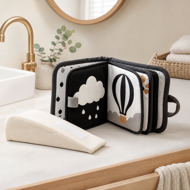 Washable Tummy Time Book with Removable Insert fabric texture and stitching details