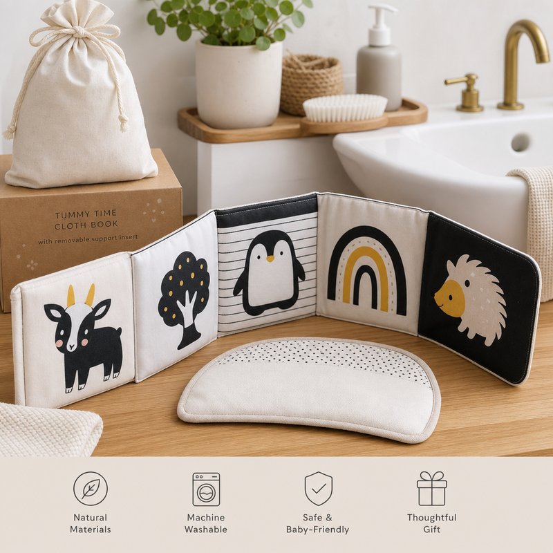 Washable Tummy Time Book with Removable Insert gift-ready packaging and details