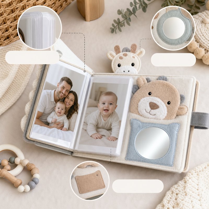 My First Family Photo Album Cloth Book close-up — key improvement details