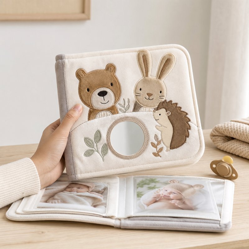 My First Family Photo Album Cloth Book size comparison with baby hands