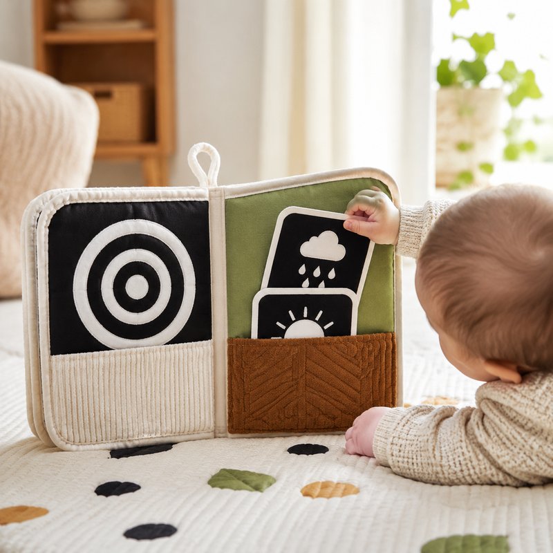 Visual Flash Card + Cloth Book Hybrid in use — baby playing with cloth book