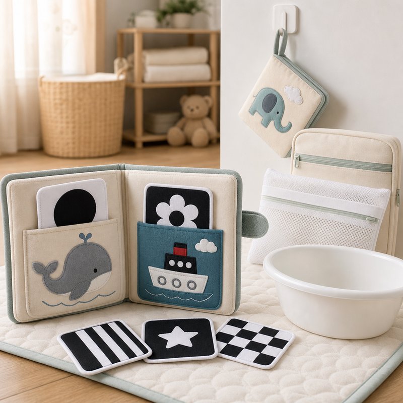 Visual Flash Card + Cloth Book Hybrid care and cleaning instructions
