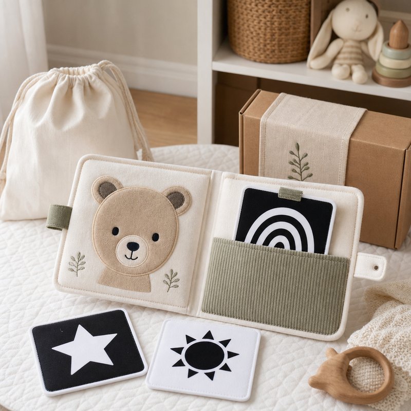 Visual Flash Card + Cloth Book Hybrid gift-ready packaging and details