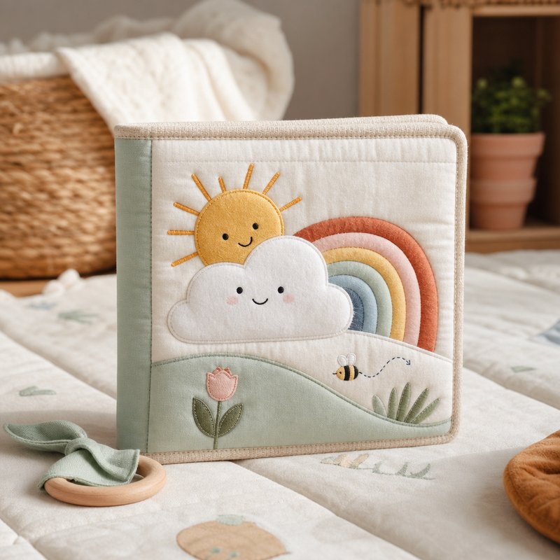 Soft Pastel Rainbow Cloth Book in use — baby playing with cloth book