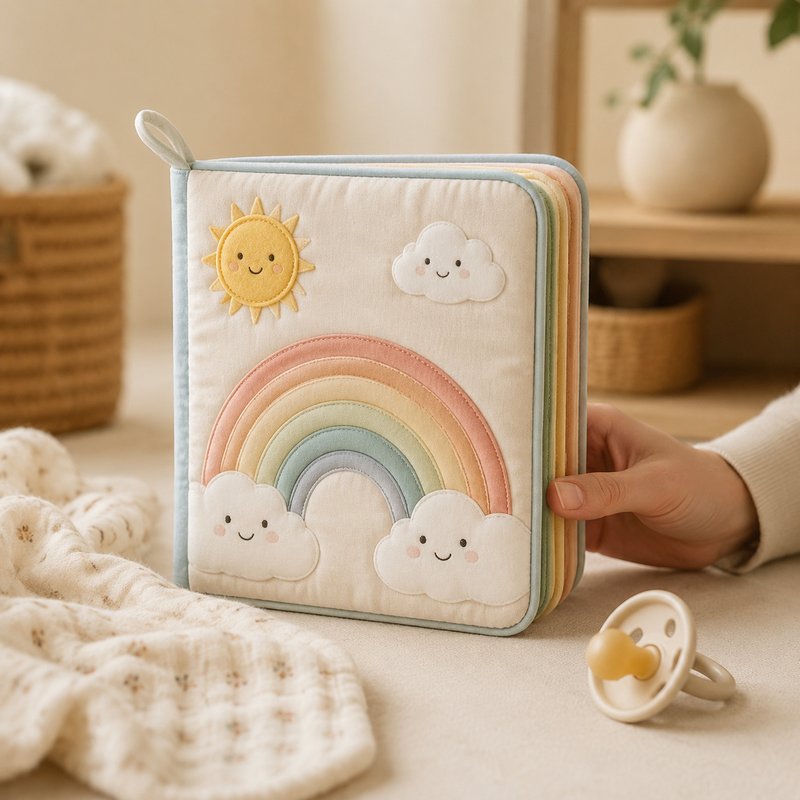 Soft Pastel Rainbow Cloth Book size comparison with baby hands