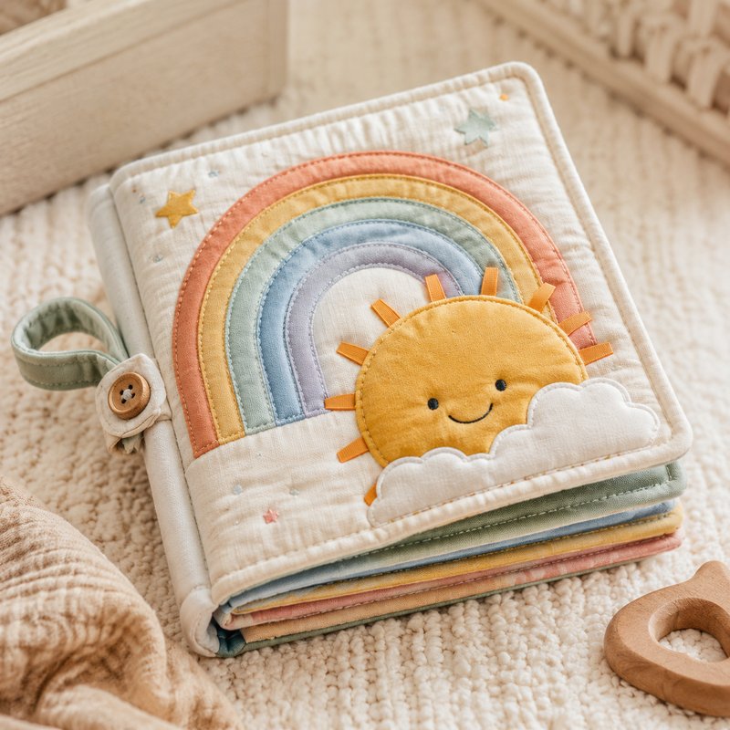 Soft Pastel Rainbow Cloth Book fabric texture and stitching details