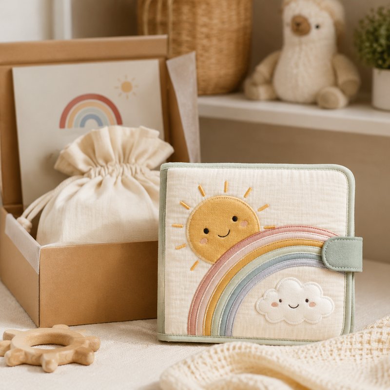 Soft Pastel Rainbow Cloth Book gift-ready packaging and details