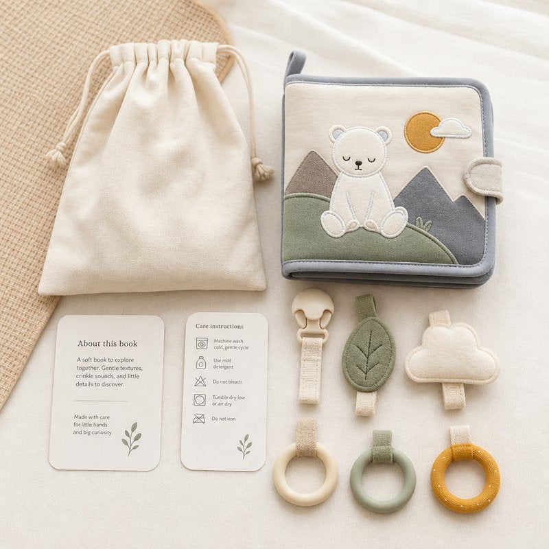Newborn Gift Set with Safety Certificate unboxing and contents — baby cloth book by SINOMUSE