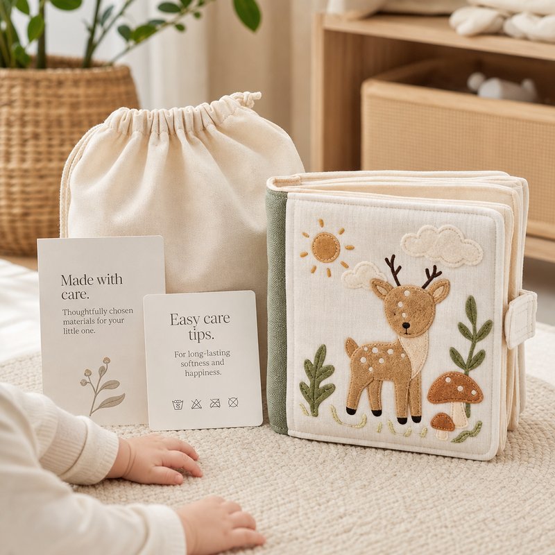 Newborn Gift Set with Safety Certificate in use — baby playing with cloth book