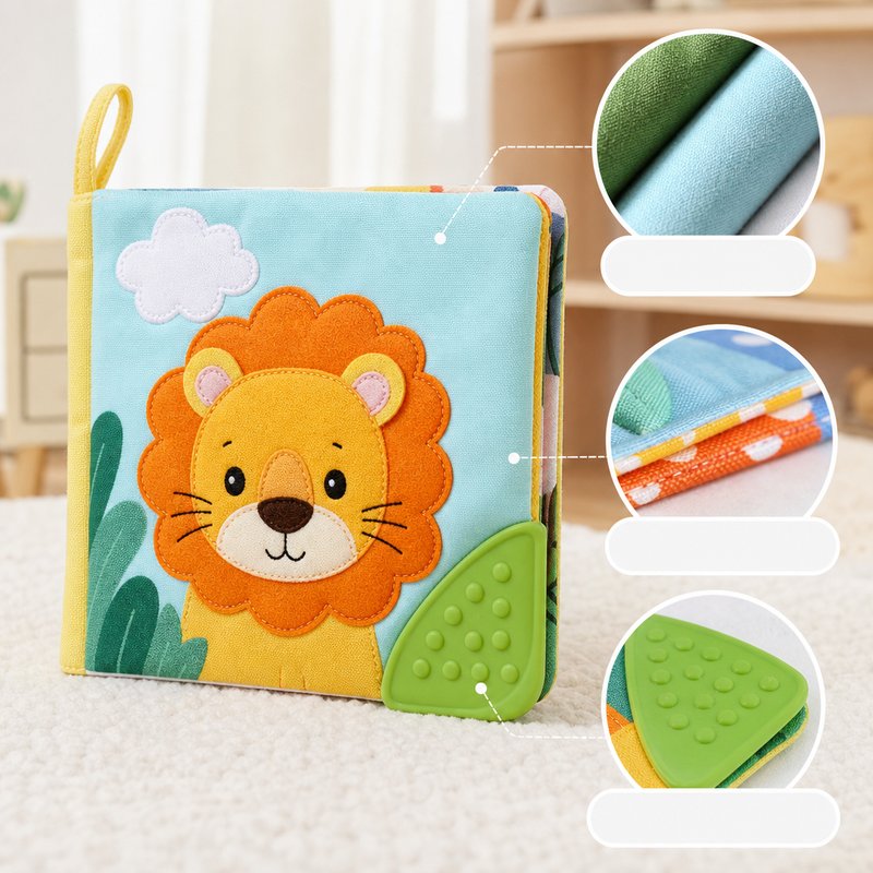 Colorfast Teether Touch & Feel Cloth Book close-up — key improvement details