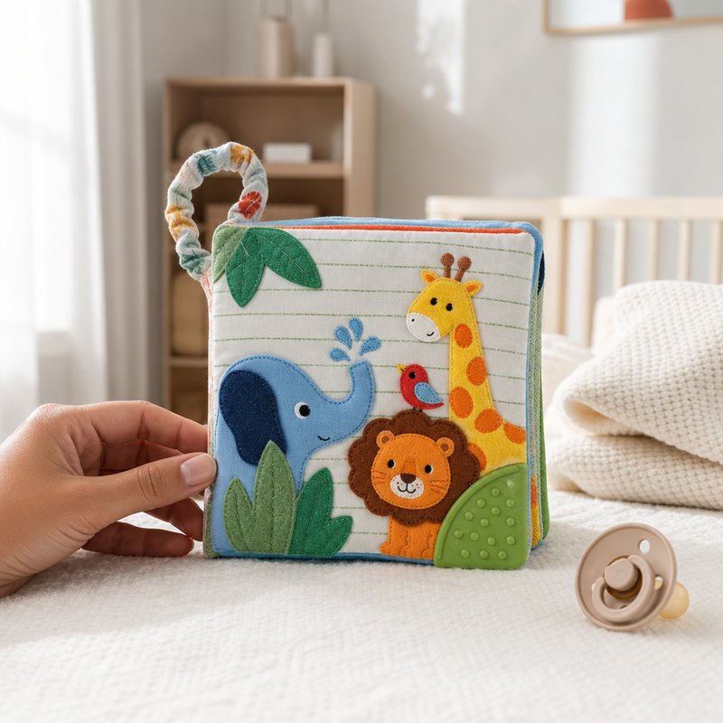 Colorfast Teether Touch & Feel Cloth Book size comparison with baby hands