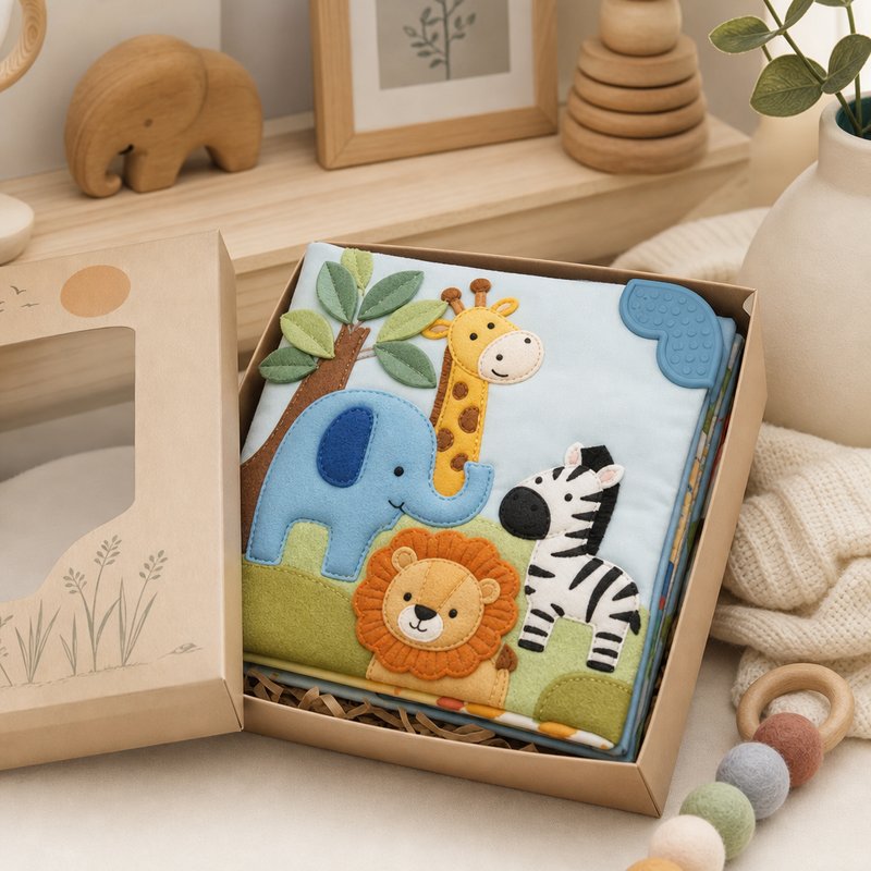Colorfast Teether Touch & Feel Cloth Book gift-ready packaging and details