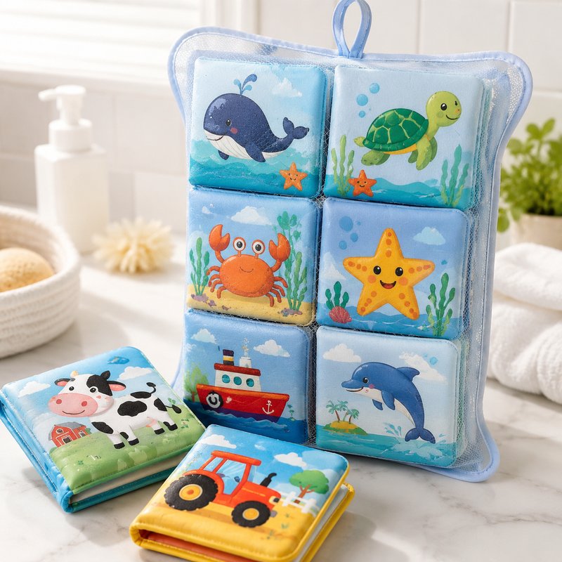 Large Bath Cloth Book 6-Piece Set with Mesh Bag close-up — key improvement details