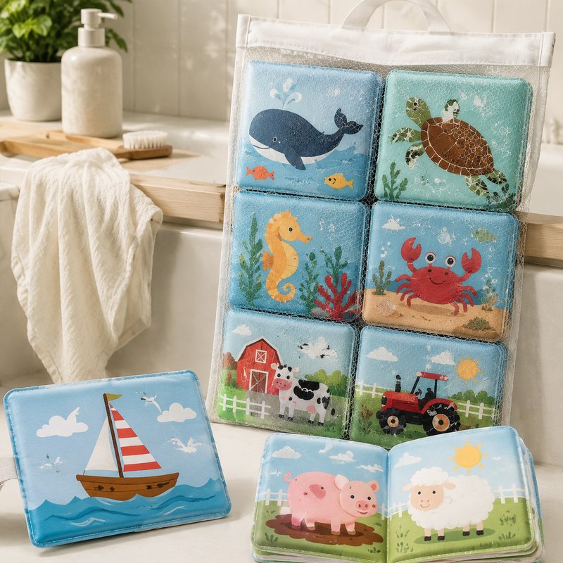 Large Bath Cloth Book 6-Piece Set with Mesh Bag fabric texture and stitching details