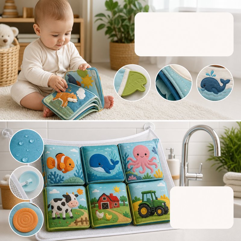Large Bath Cloth Book 6-Piece Set with Mesh Bag safety features — baby-safe construction
