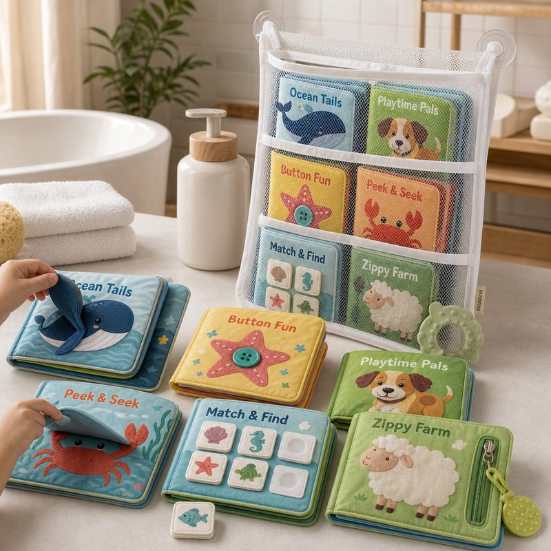 Large Bath Cloth Book 6-Piece Set with Mesh Bag interactive play demonstration