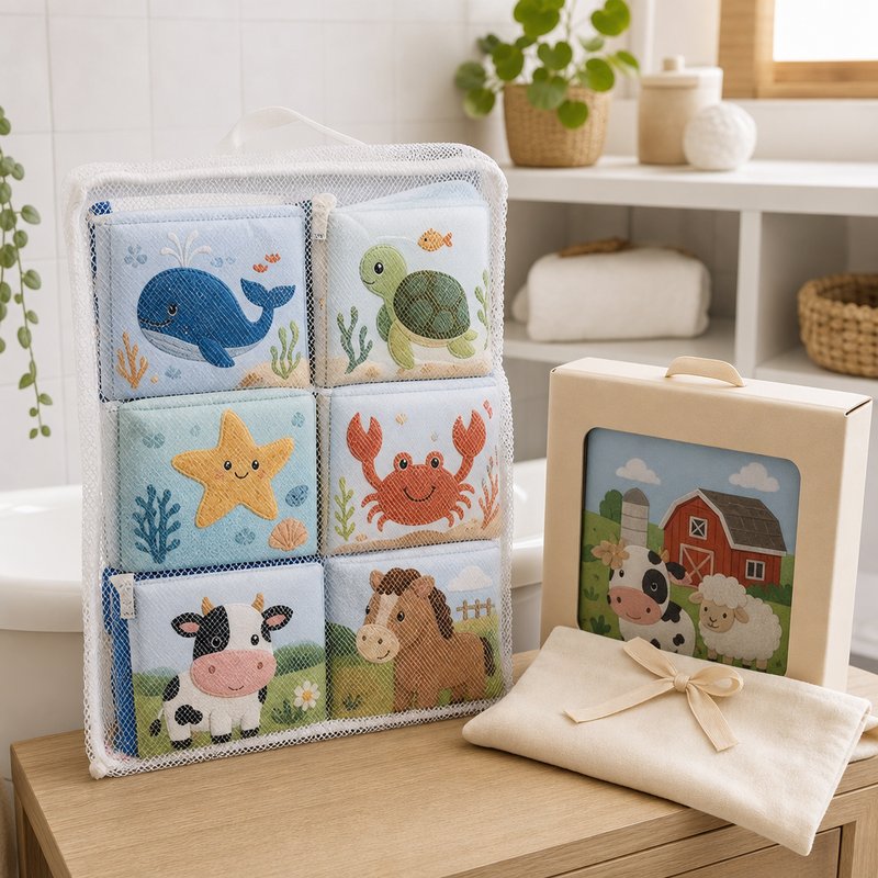 Large Bath Cloth Book 6-Piece Set with Mesh Bag gift-ready packaging and details