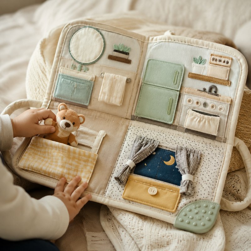 Interactive Bear Pocket Cloth Book in use — baby playing with cloth book