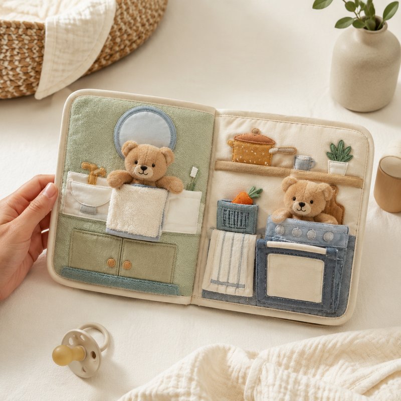 Interactive Bear Pocket Cloth Book size comparison with baby hands