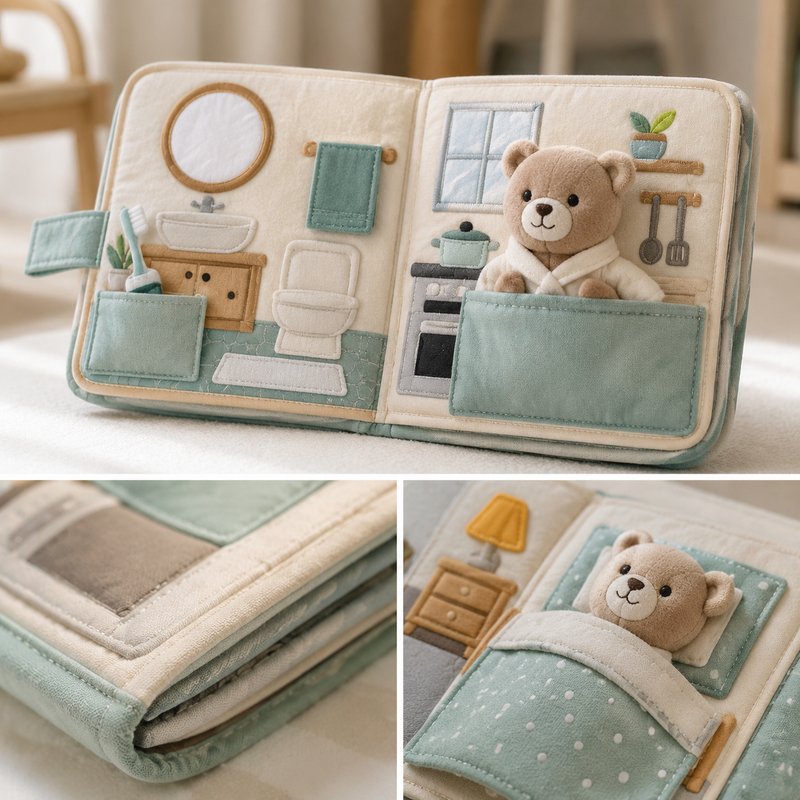 Interactive Bear Pocket Cloth Book fabric texture and stitching details