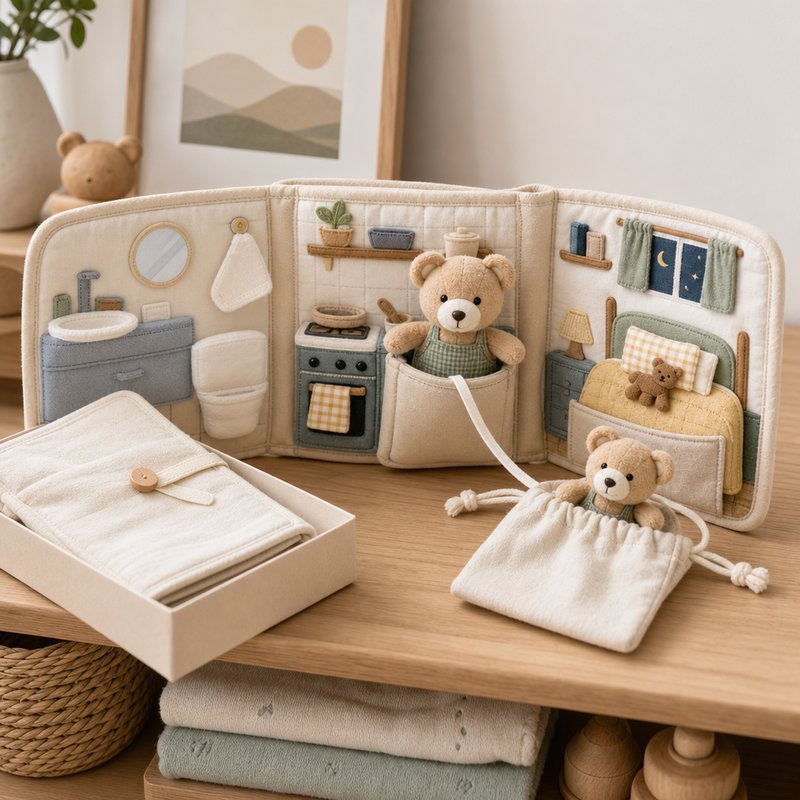 Interactive Bear Pocket Cloth Book gift-ready packaging and details