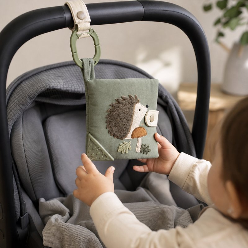 Travel Soothing Cloth Book with Clip in use — baby playing with cloth book