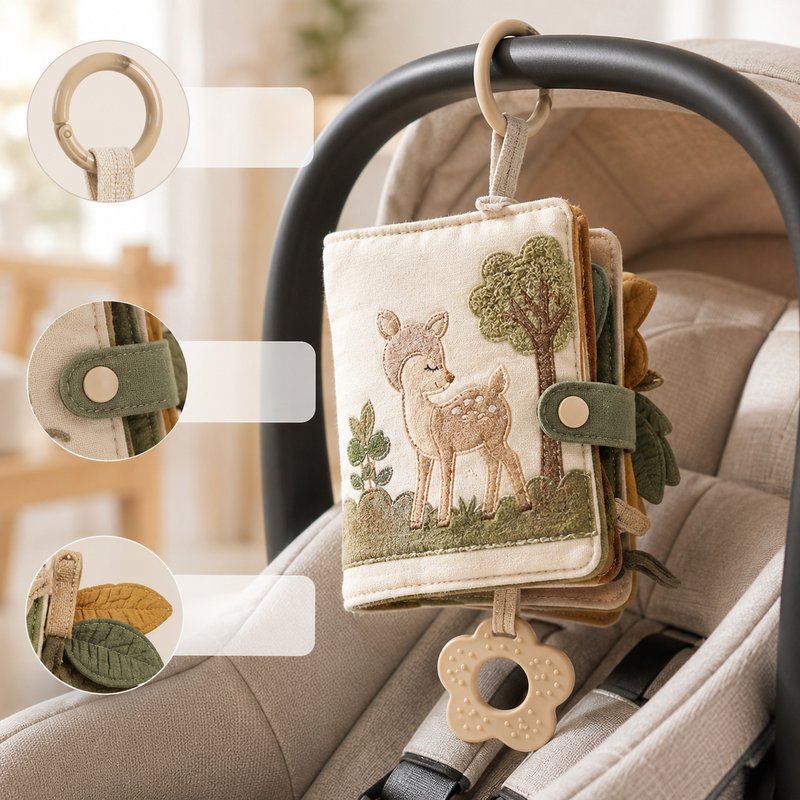 Travel Soothing Cloth Book with Clip close-up — key improvement details